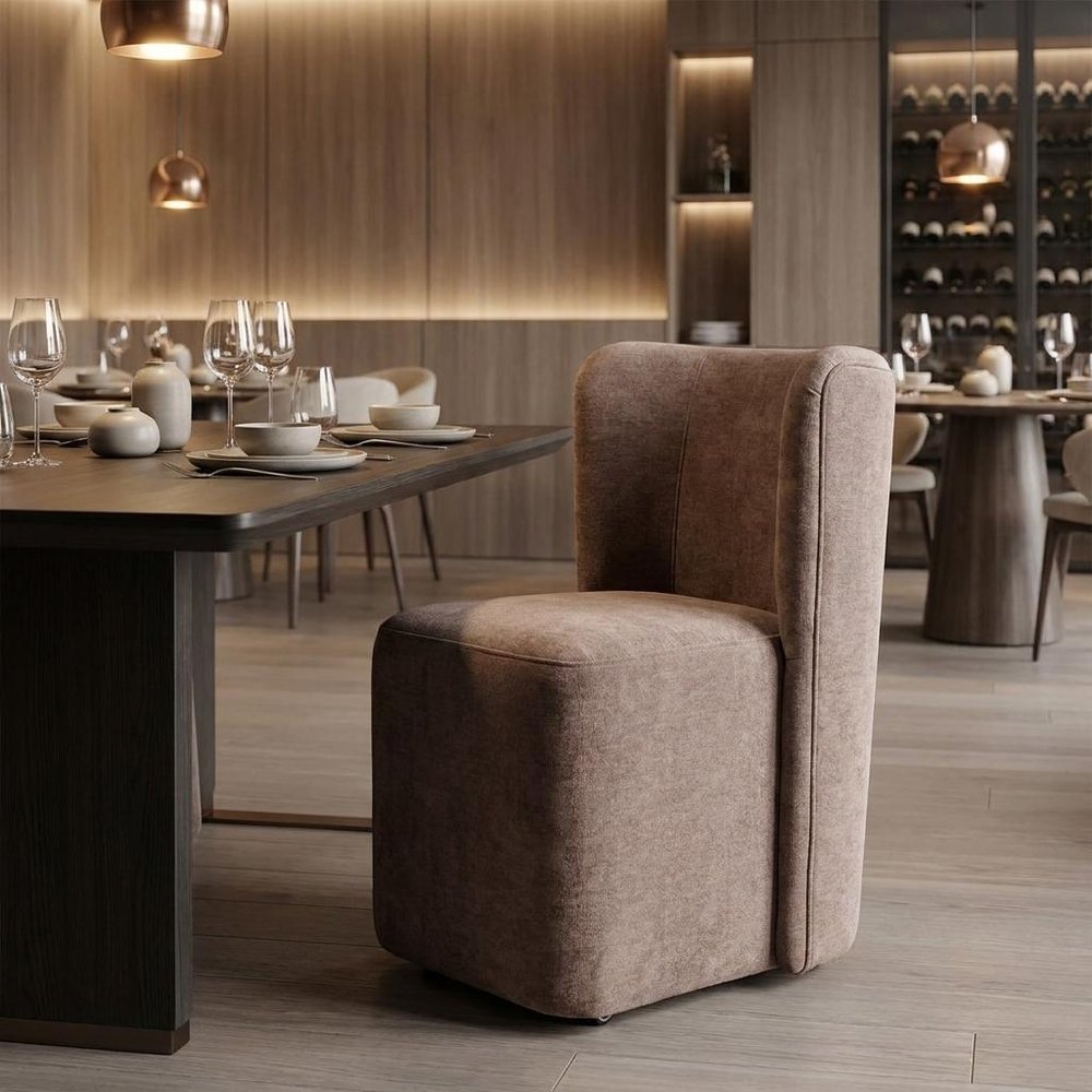 Taupe And Brown Upholstery And Solid Wood And Steel Dining Side Chair With Wheels — view 11