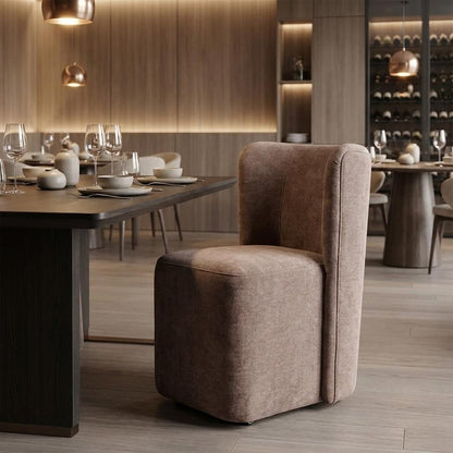 Taupe And Brown Upholstery And Solid Wood And Steel Dining Side Chair With Wheels
