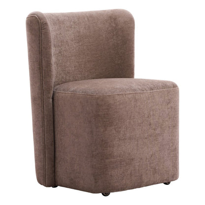 Taupe And Brown Upholstery And Solid Wood And Steel Dining Side Chair With Wheels