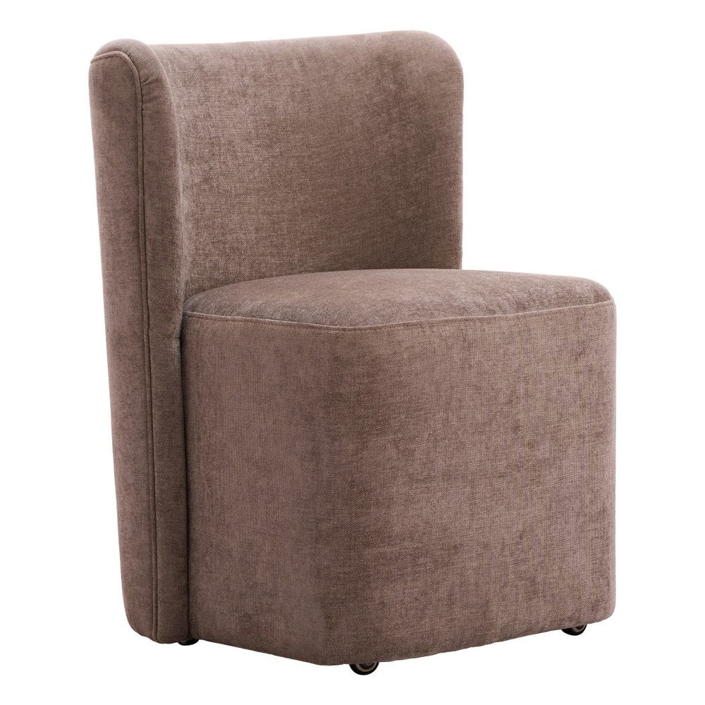 Taupe And Brown Upholstery And Solid Wood And Steel Dining Side Chair With Wheels HomeRoots