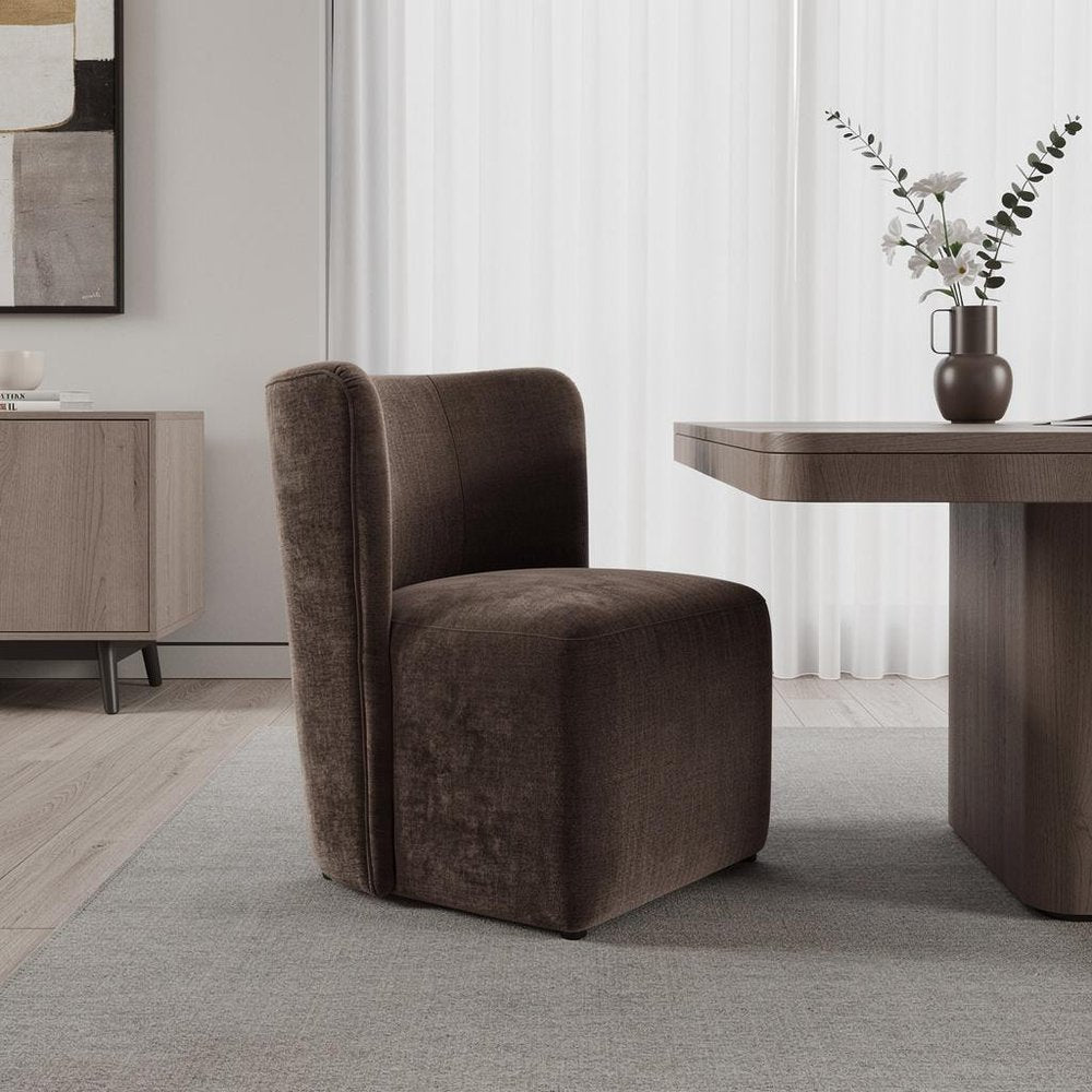 Taupe And Brown Upholstery And Solid Wood And Steel Dining Side Chair With Wheels — view 3