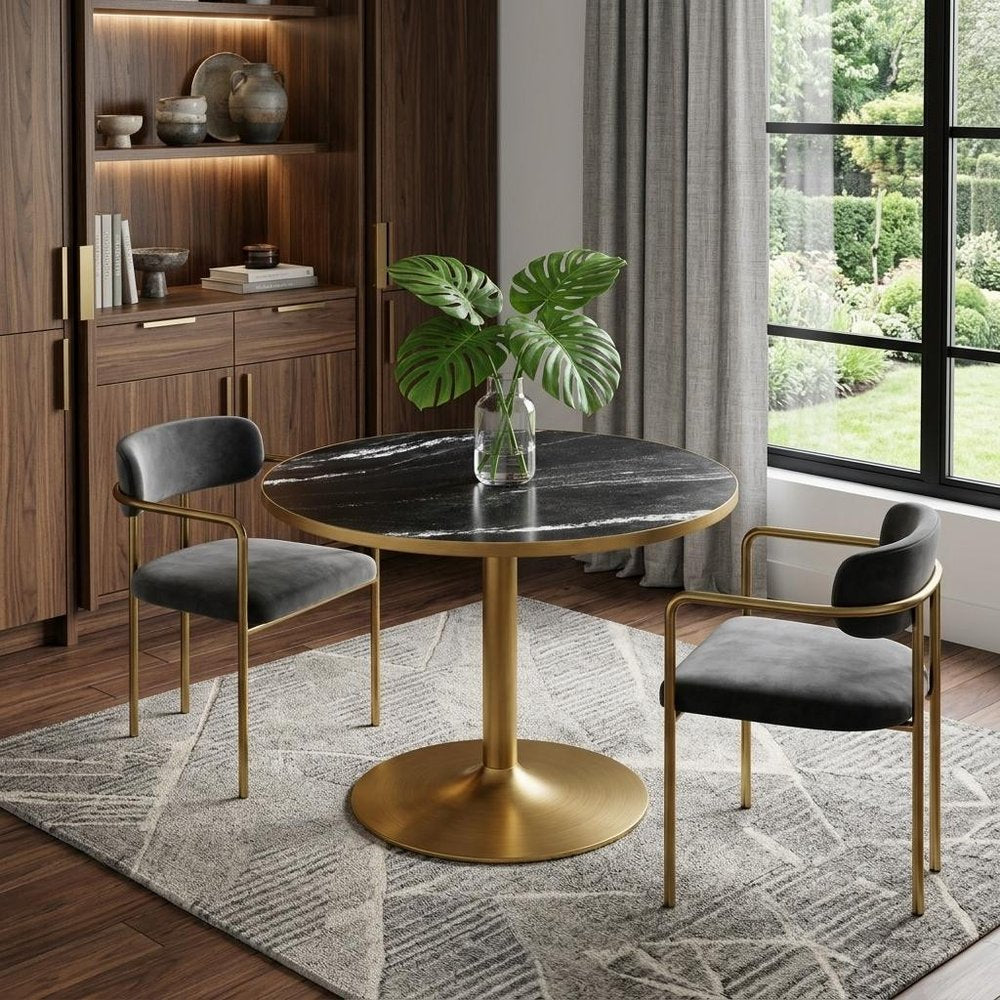 36" Black And Gold Faux Marble And Steel Pedestal Base Round Top Dining Table — view 1