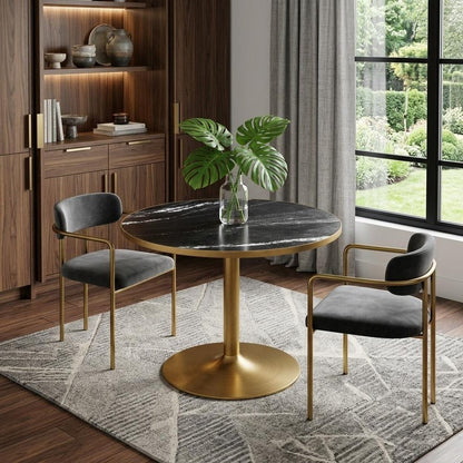 36" Black And Gold Faux Marble And Steel Pedestal Base Round Top Dining Table HomeRoots