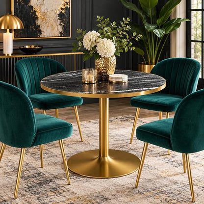 36" Gray And Black Faux Marble And Steel Pedestal Base Round Top Dining Table