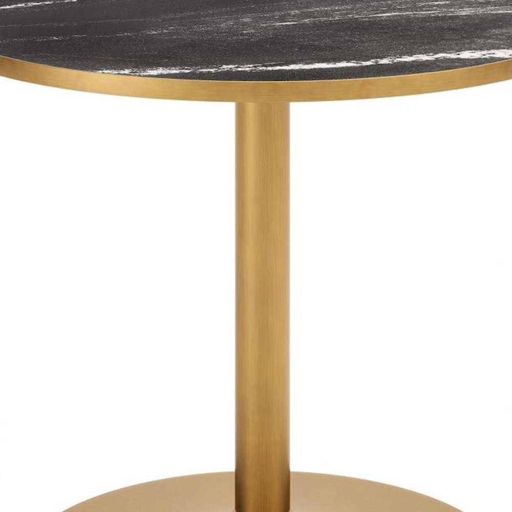 36" Black And Gold Faux Marble And Steel Pedestal Base Round Top Dining Table HomeRoots