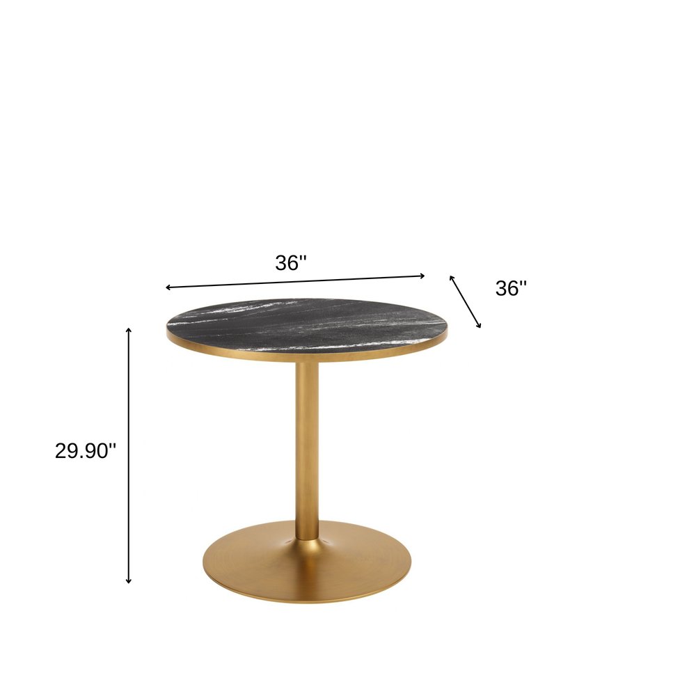 36" Black And Gold Faux Marble And Steel Pedestal Base Round Top Dining Table HomeRoots