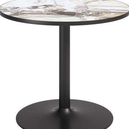 36" Gray And Black Faux Marble And Steel Pedestal Base Round Top Dining Table