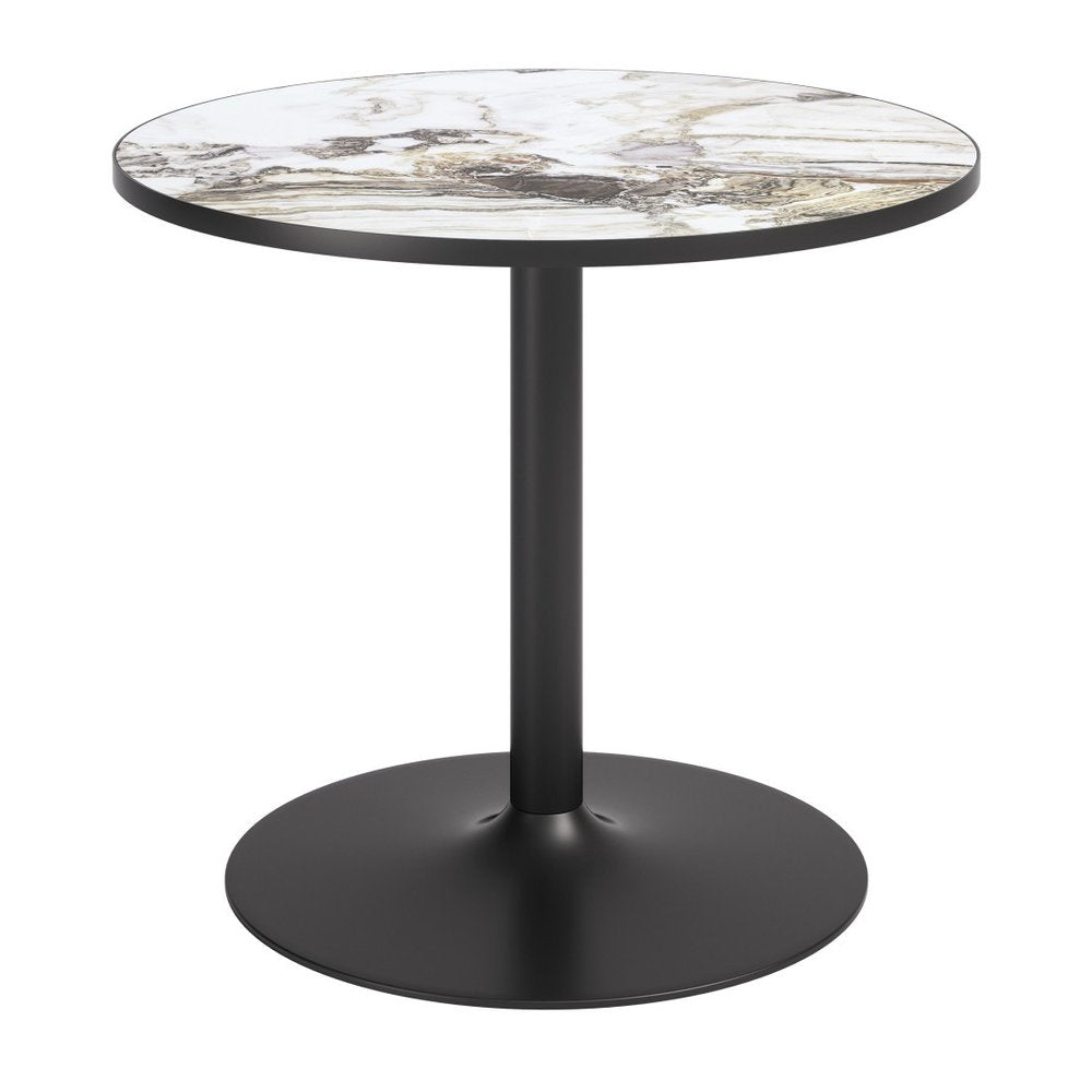 36" Gray And Black Faux Marble And Steel Pedestal Base Round Top Dining Table
