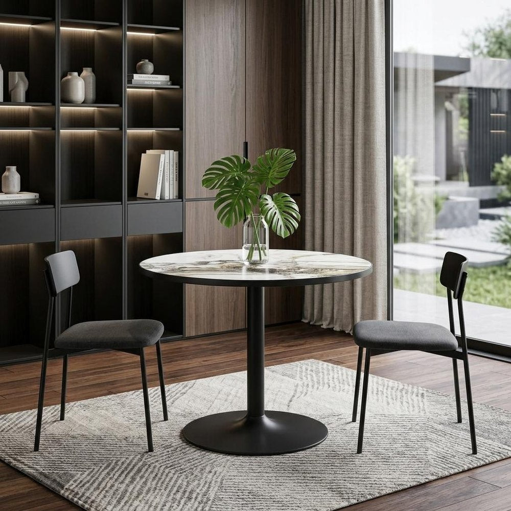 36" Black And Gold Faux Marble And Steel Pedestal Base Round Top Dining Table HomeRoots