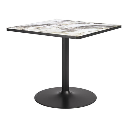 36" Black And Gold Faux Marble And Steel Pedestal Base Square Dining Table