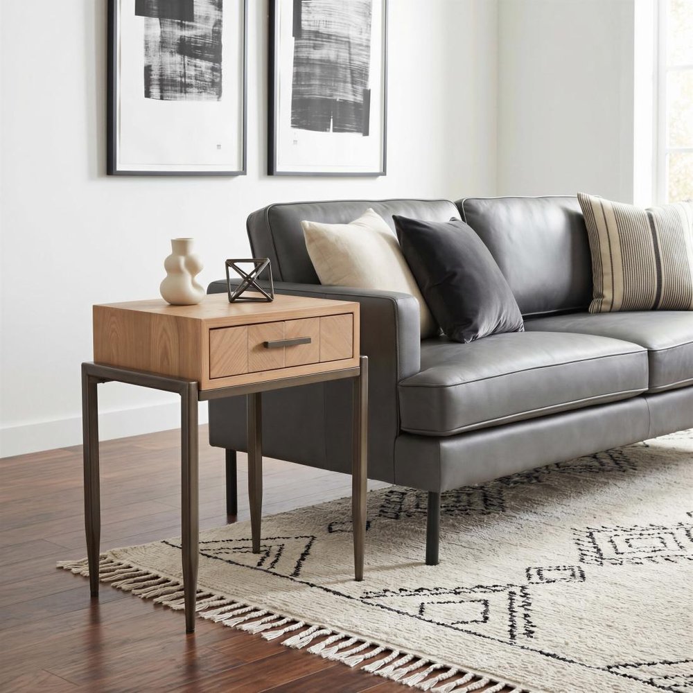 25" Natural and Bronze Wood and Steel End Table With Drawer HomeRoots
