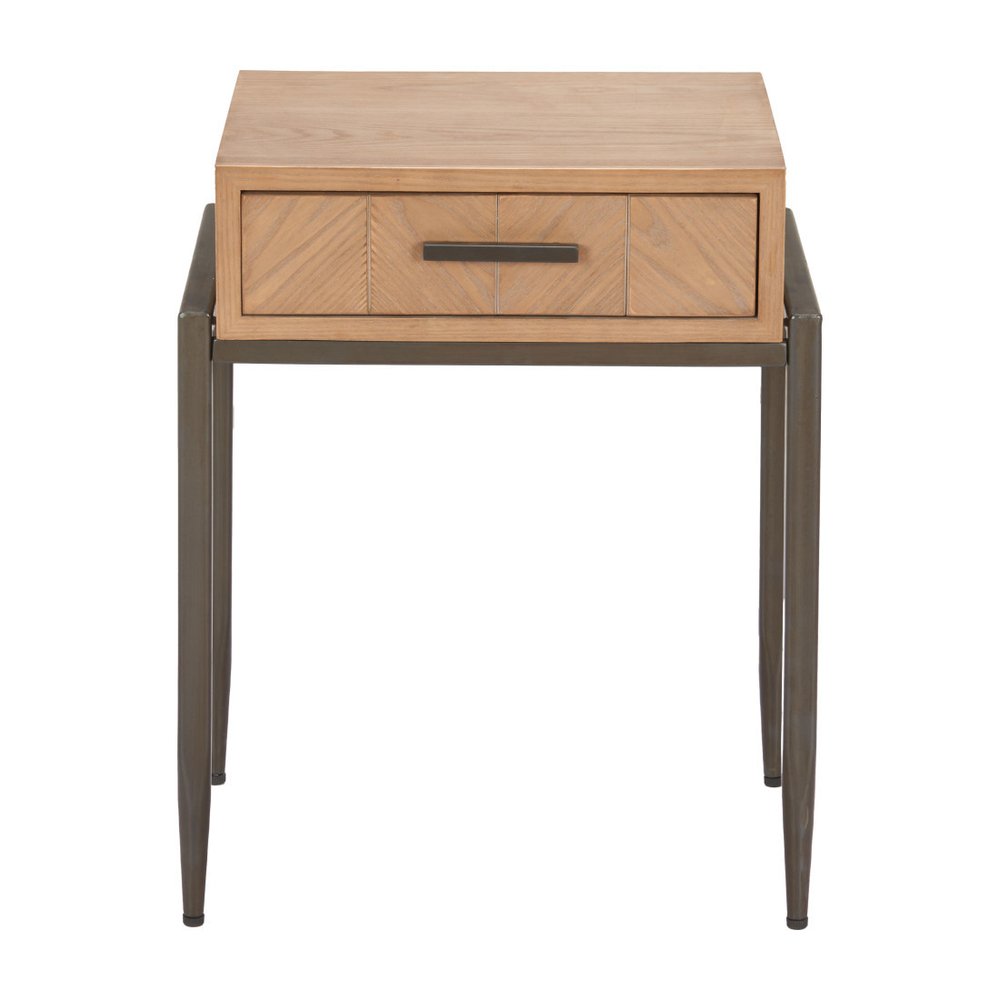 25" Natural and Bronze Wood and Steel End Table With Drawer HomeRoots