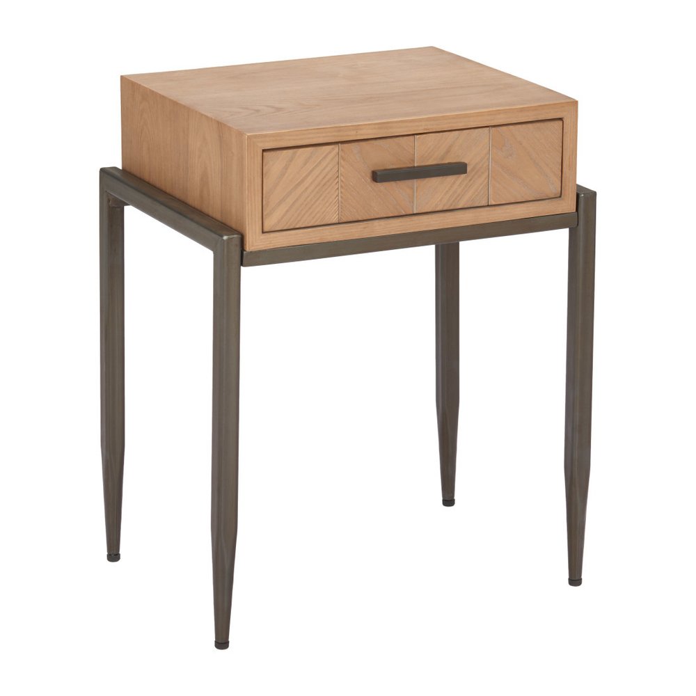 25" Natural and Bronze Wood and Steel End Table With Drawer — view 4