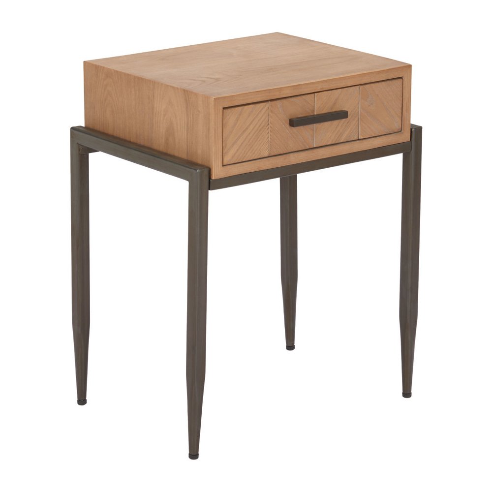 25" Natural and Bronze Wood and Steel End Table With Drawer HomeRoots