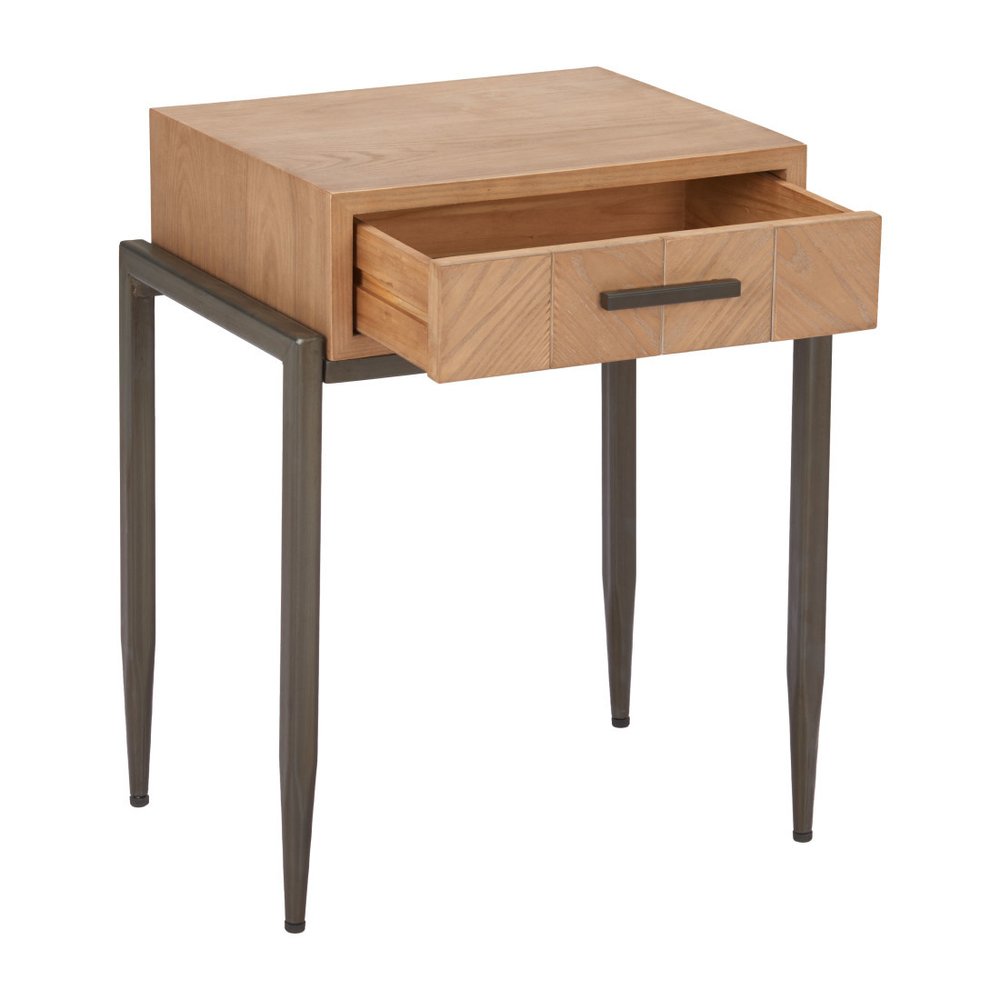 25" Natural and Bronze Wood and Steel End Table With Drawer HomeRoots