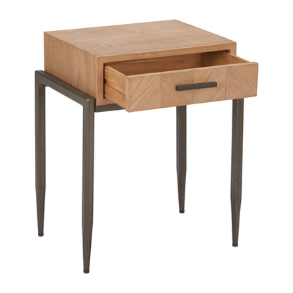 25" Natural and Bronze Wood and Steel End Table With Drawer HomeRoots