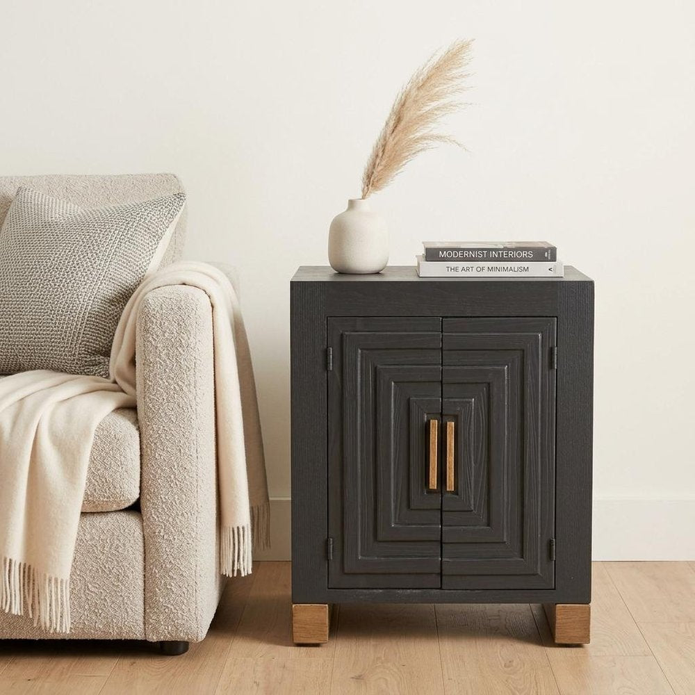 25" Black and Brown Distressed Wood Frame End Table With Two Shelves — view 1