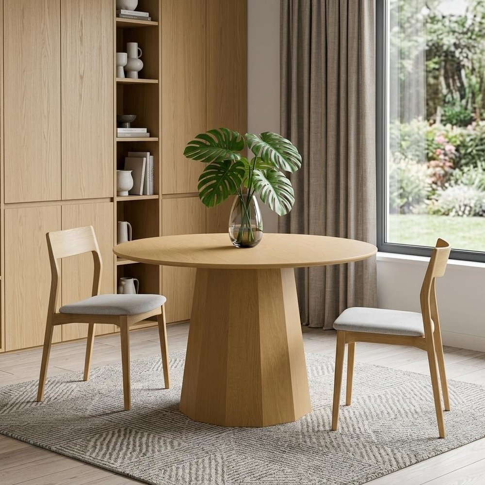46" Oak Wood Pedestal Base Round Top Dining Table — view 1