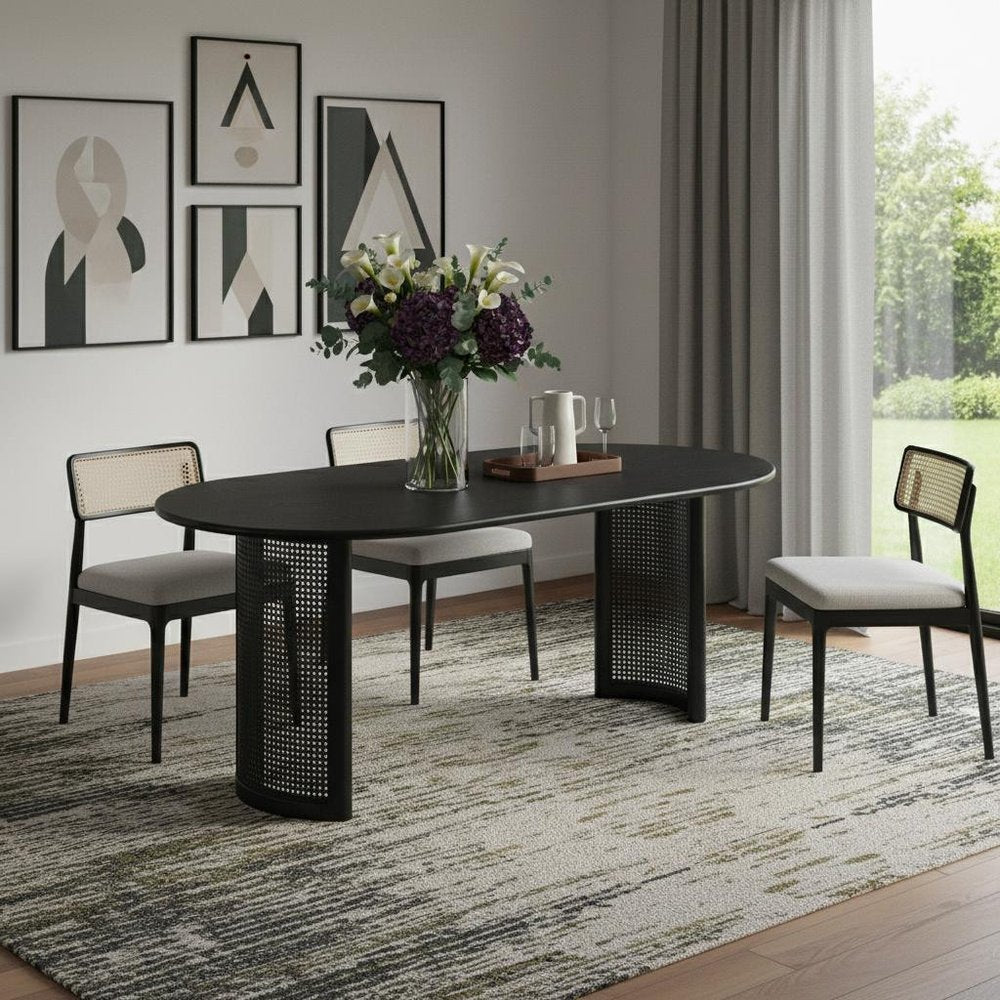 79" Black Solid Wood With Rattan Double Pedestal Base Oval Dining Table — view 6