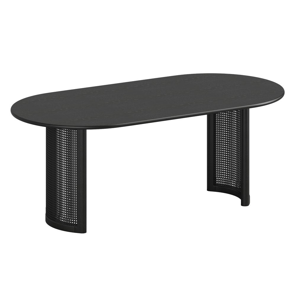 79" Black Solid Wood With Rattan Double Pedestal Base Oval Dining Table — view 1