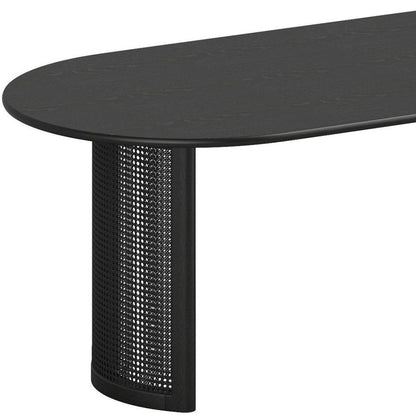 79" Black Solid Wood With Rattan Double Pedestal Base Oval Dining Table