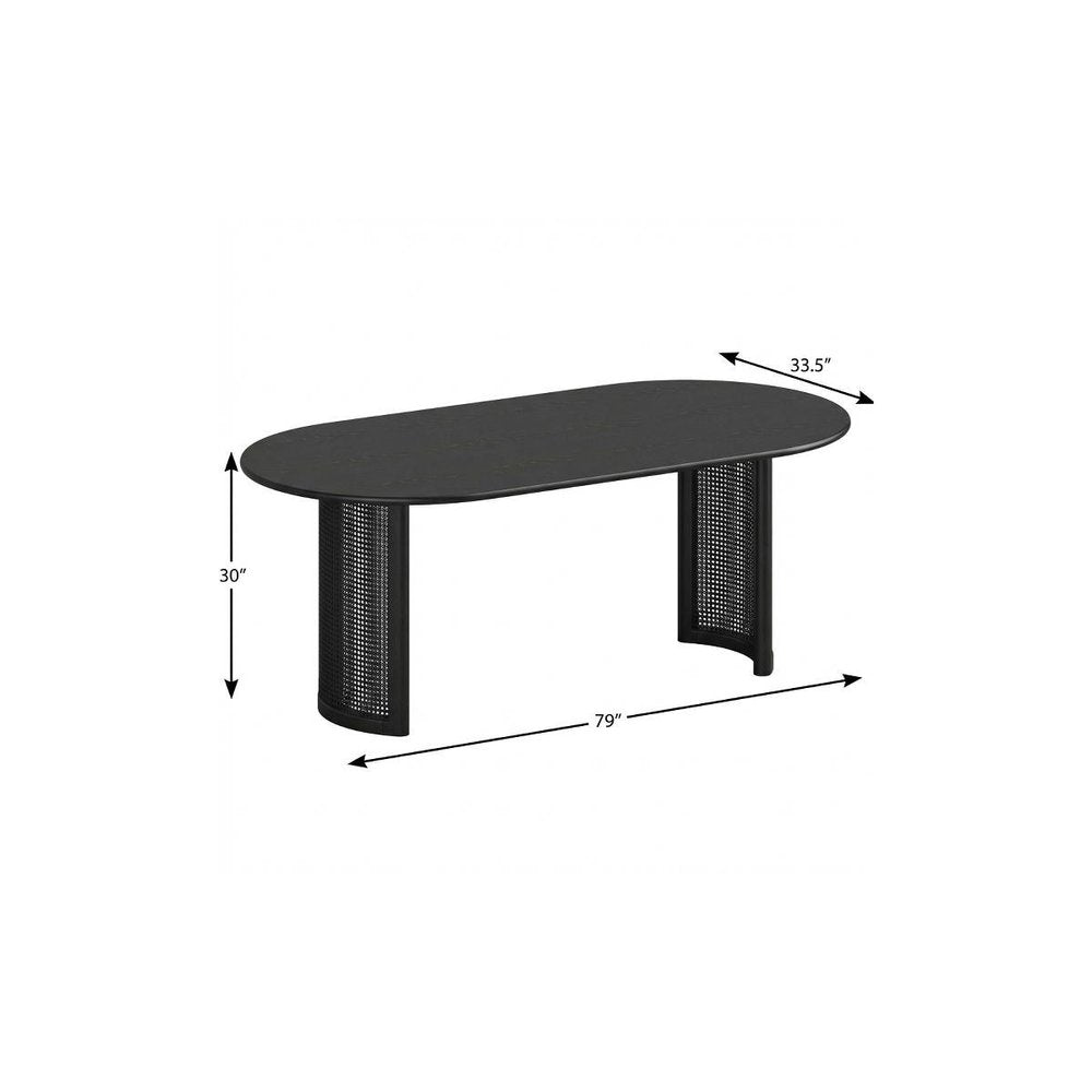 79" Black Solid Wood With Rattan Double Pedestal Base Oval Dining Table — view 5