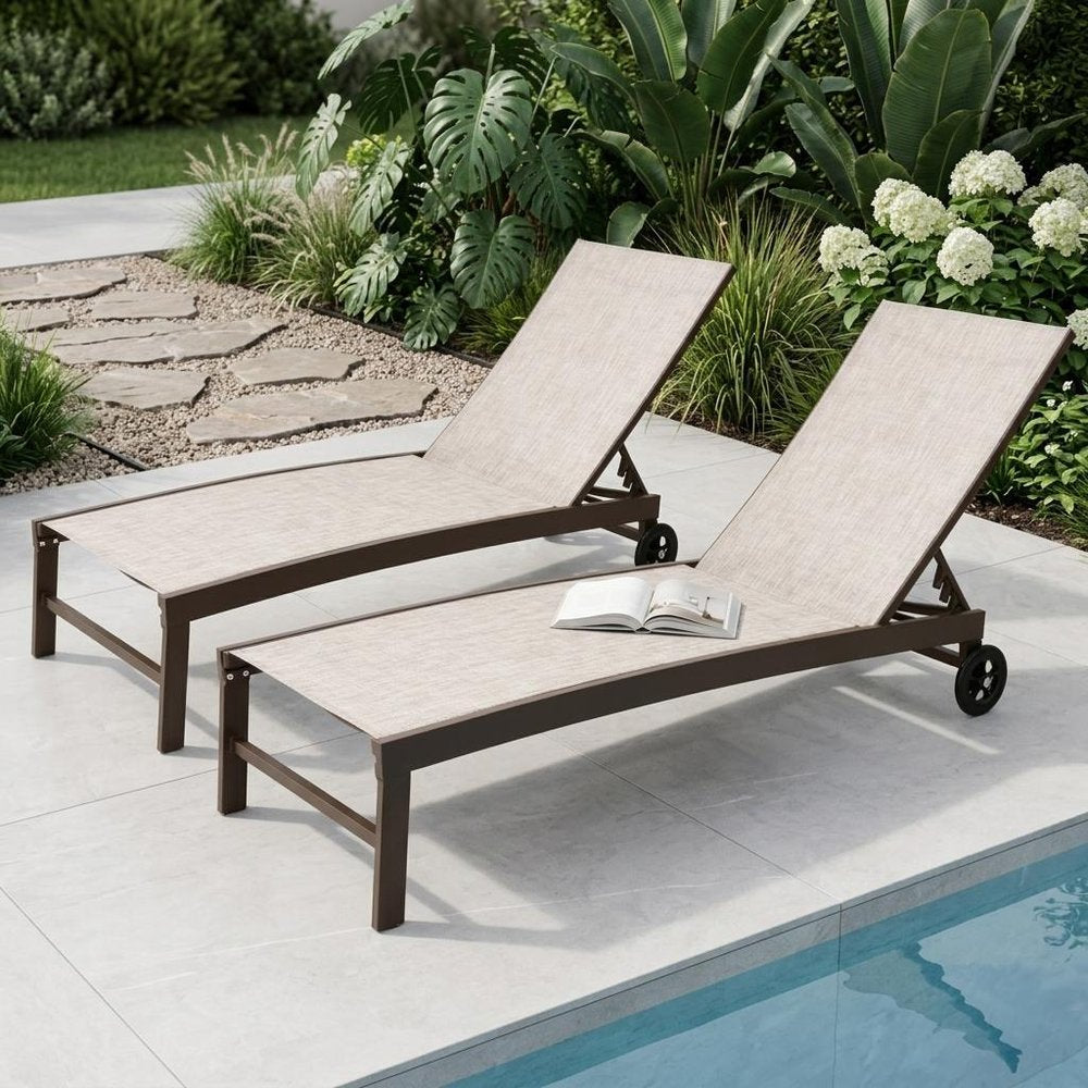 Set of Two Off White Aluminum Five Position Adjustable Sling Outdoor Chaise Lounges — view 1