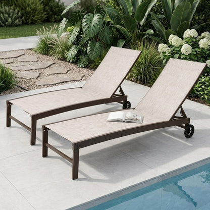 Set of Two Off White Aluminum Five Position Adjustable Sling Outdoor Chaise Lounges HomeRoots
