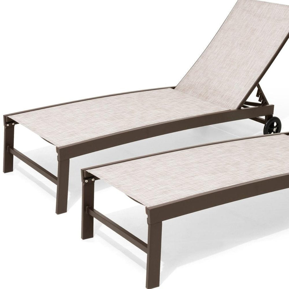 Set of Two Off White Aluminum Five Position Adjustable Sling Outdoor Chaise Lounges HomeRoots