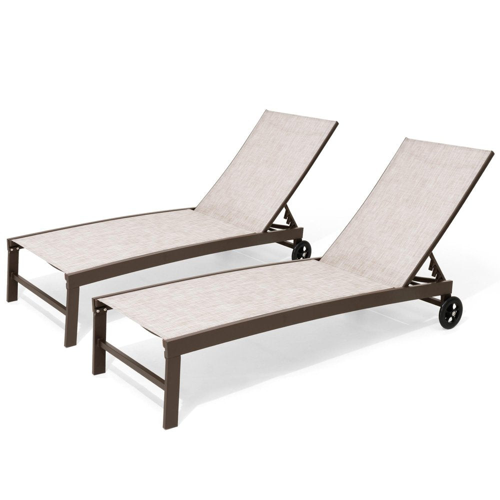 Set of Two Off White Aluminum Five Position Adjustable Sling Outdoor Chaise Lounges — view 2