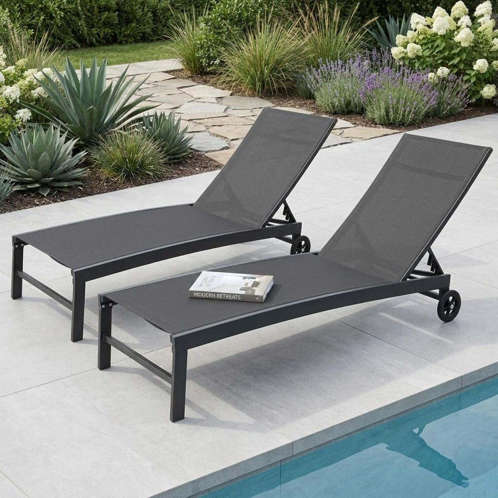 Set of Two Black Aluminum Five Position Adjustable Sling Outdoor Chaise Lounges — view 1