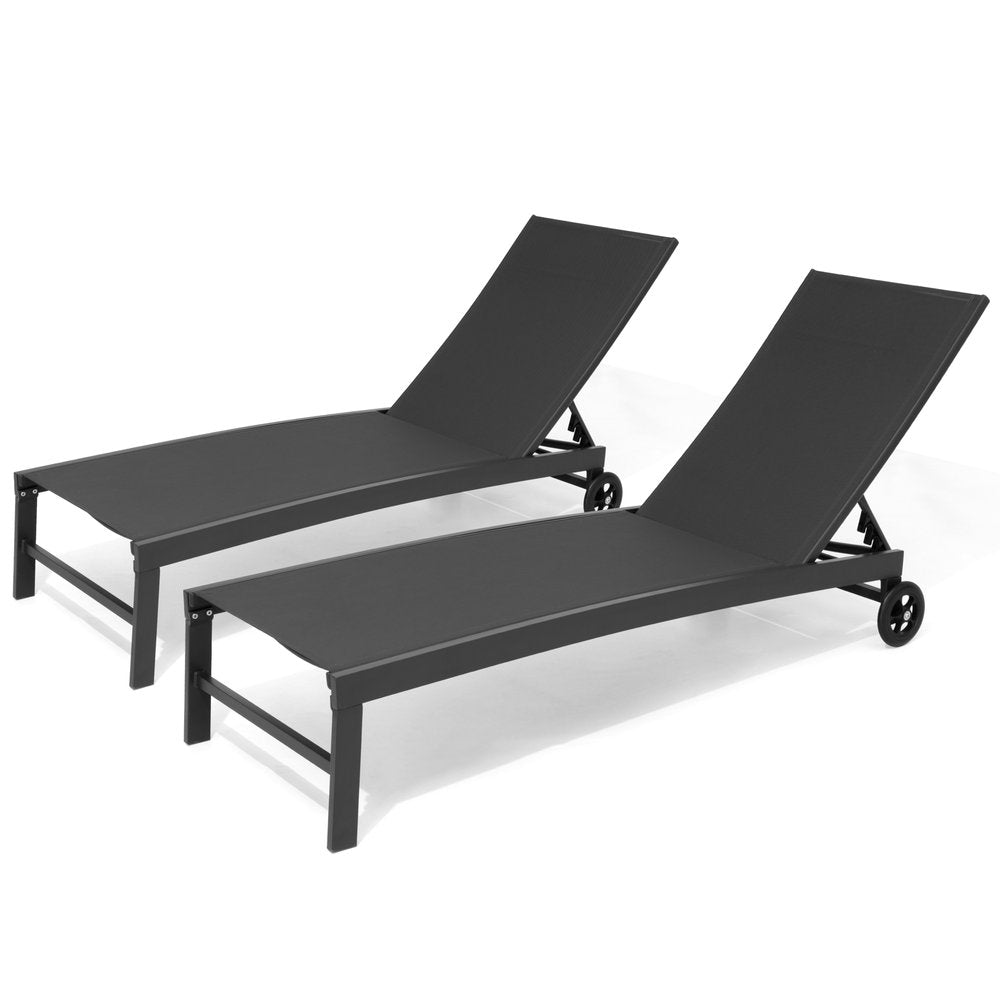 Set of Two Black Aluminum Five Position Adjustable Sling Outdoor Chaise Lounges HomeRoots