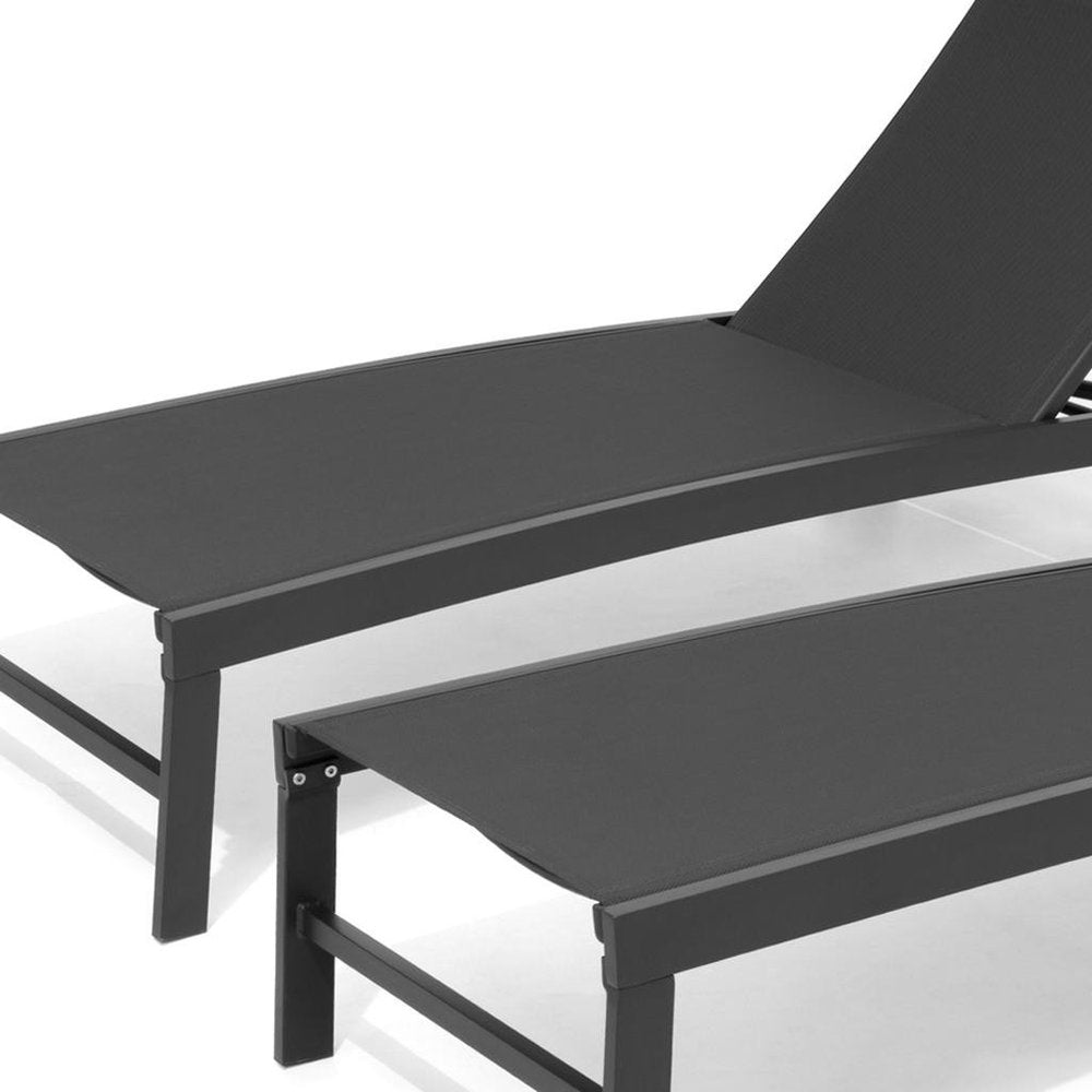Set of Two Black Aluminum Five Position Adjustable Sling Outdoor Chaise Lounges — view 3