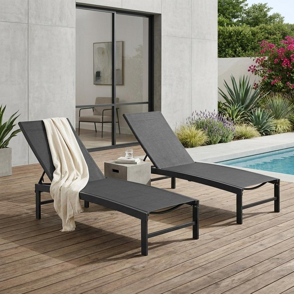 Set of Two Black Aluminum Five Position Adjustable Outdoor Chaise Lounges — view 1