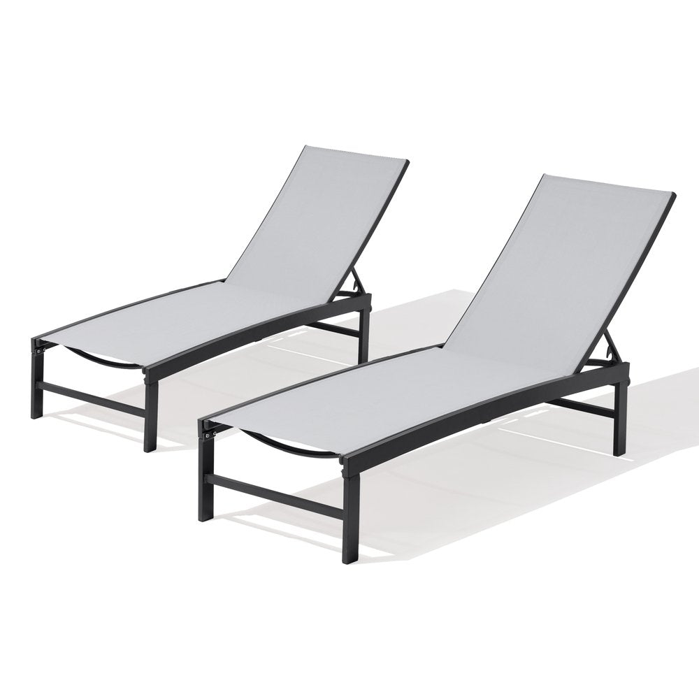 Set of Two Gray Aluminum Five Position Adjustable Sling Outdoor Chaise Lounges HomeRoots