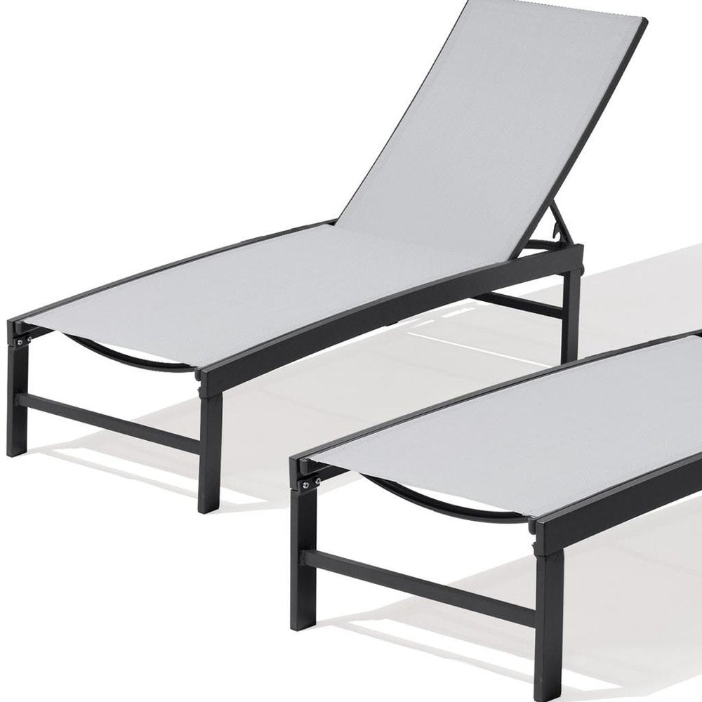 Set of Two Gray Aluminum Five Position Adjustable Sling Outdoor Chaise Lounges HomeRoots