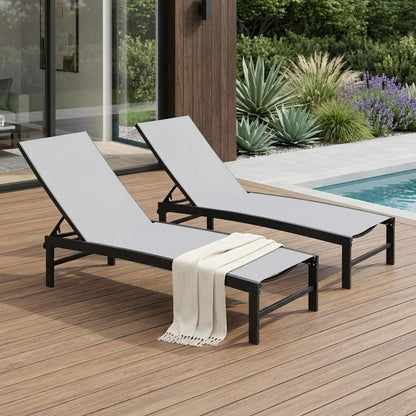 Set of Two Gray Aluminum Five Position Adjustable Sling Outdoor Chaise Lounges HomeRoots