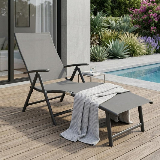 45" Tan Aluminum Eight Position Adjustable Sling Outdoor Folding Chaise Lounge