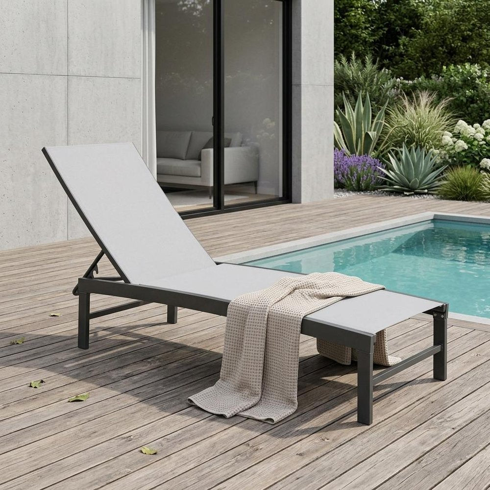 60" Light Gray Aluminum Six Position Adjustable Sling Outdoor Chaise Lounge — view 1