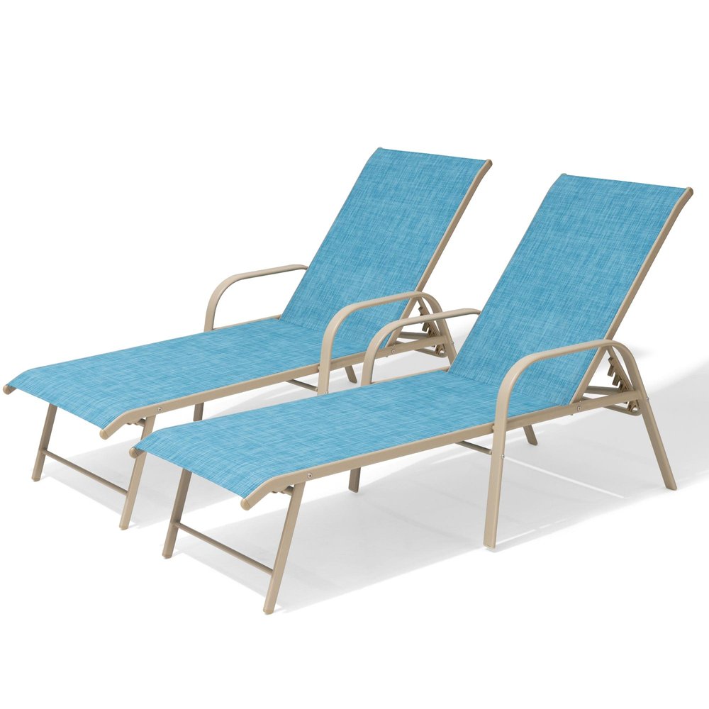 Set of Two Blue Aluminum Six Position Adjustable Sling Outdoor Chaise Lounges — view 2