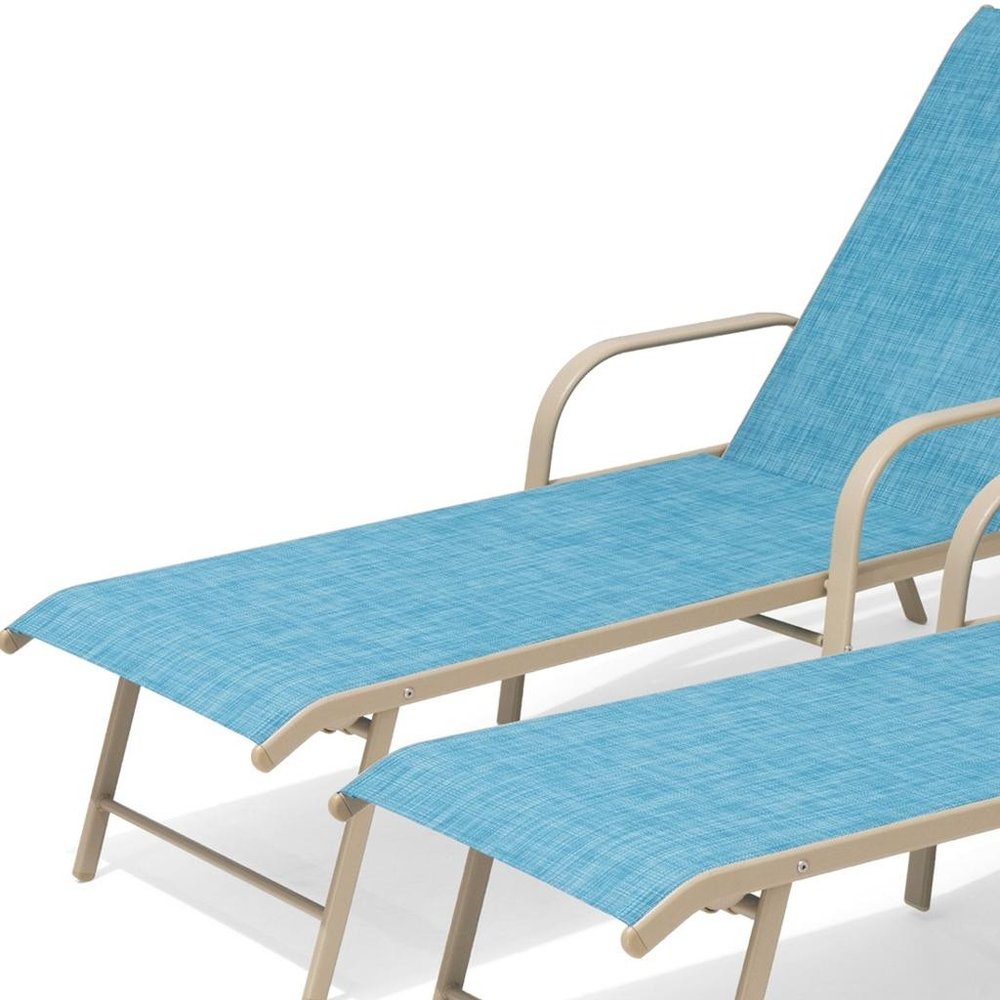 Set of Two Blue Aluminum Six Position Adjustable Sling Outdoor Chaise Lounges HomeRoots