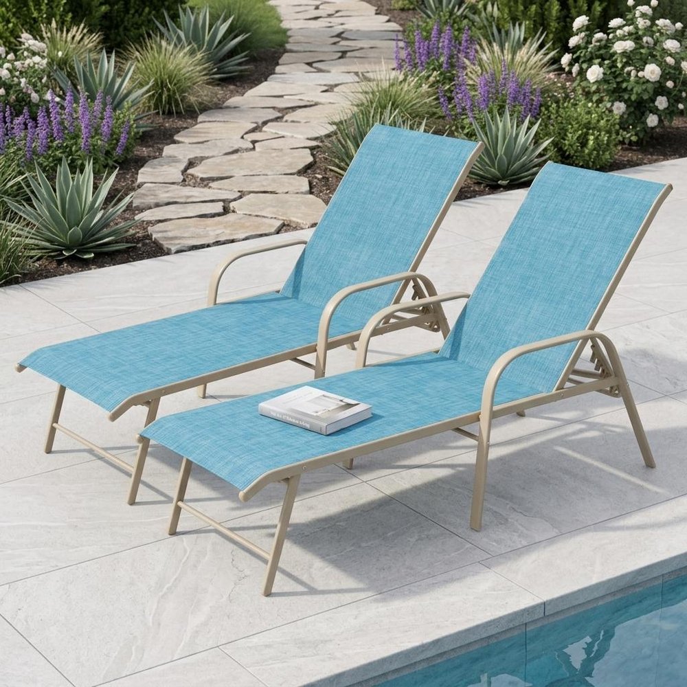Set of Two Blue Aluminum Six Position Adjustable Sling Outdoor Chaise Lounges HomeRoots
