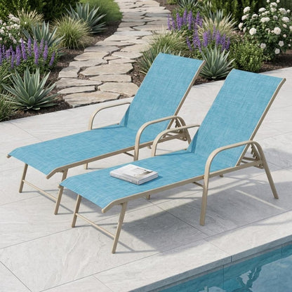 Set of Two Blue Aluminum Six Position Adjustable Sling Outdoor Chaise Lounges HomeRoots