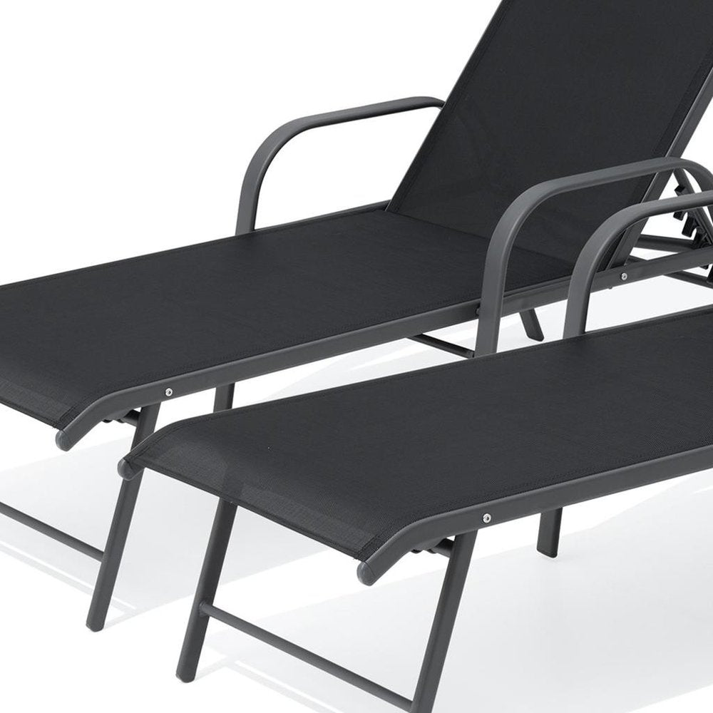 Set of Two Black Aluminum Six Position Adjustable Sling Outdoor Chaise Lounges — view 3