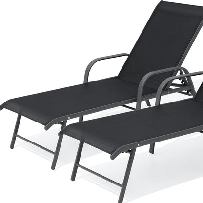 Set of Two Black Aluminum Six Position Adjustable Sling Outdoor Chaise Lounges HomeRoots