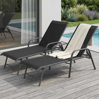 Set of Two Black Aluminum Six Position Adjustable Sling Outdoor Chaise Lounges HomeRoots
