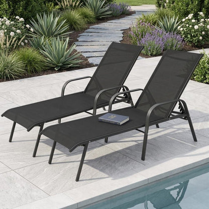 Set of Two Black Steel Six Position Adjustable Sling Outdoor Chaise Lounges HomeRoots