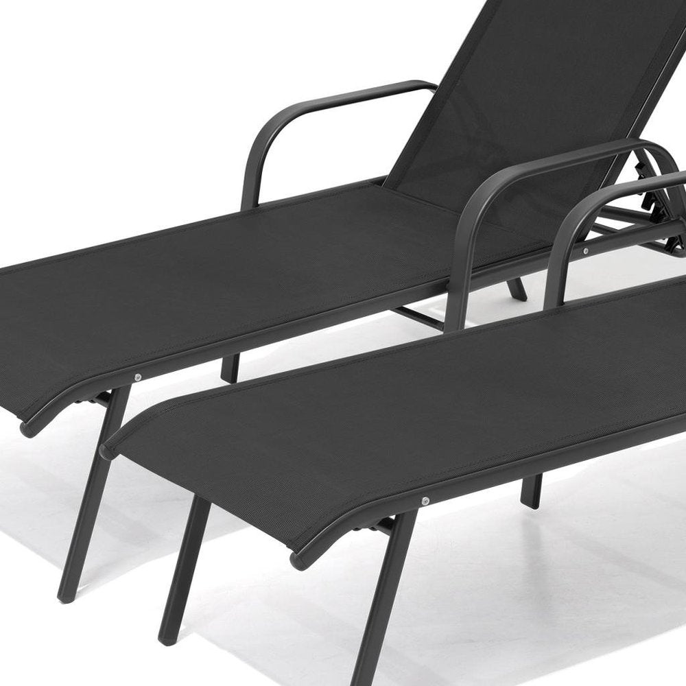Set of Two Black Steel Six Position Adjustable Sling Outdoor Chaise Lounges — view 3