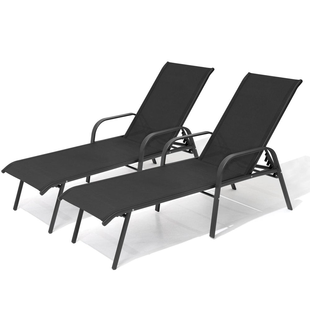 Set of Two Black Steel Six Position Adjustable Sling Outdoor Chaise Lounges HomeRoots