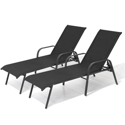 Set of Two Black Steel Six Position Adjustable Sling Outdoor Chaise Lounges HomeRoots